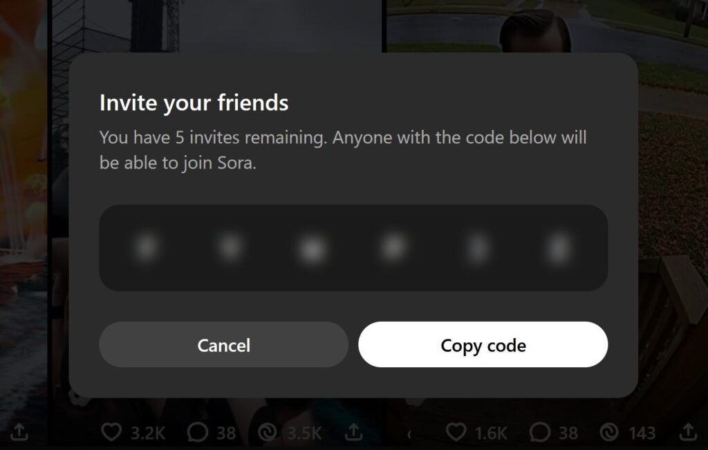 Sora2で表示される自分が招待できるコード